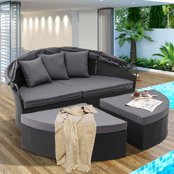 Outdoor Patio Canopy Daybed with Wicker Sofa Set