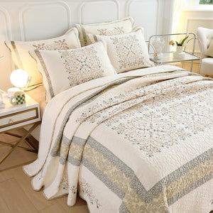 Floral Embroidered Quilt Set – 3-Piece Cotton Bedding with Pillow Shams
