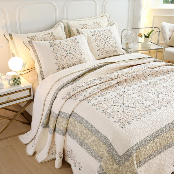 Floral Embroidered Quilt Set – 3-Piece Cotton Bedding with Pillow Shams