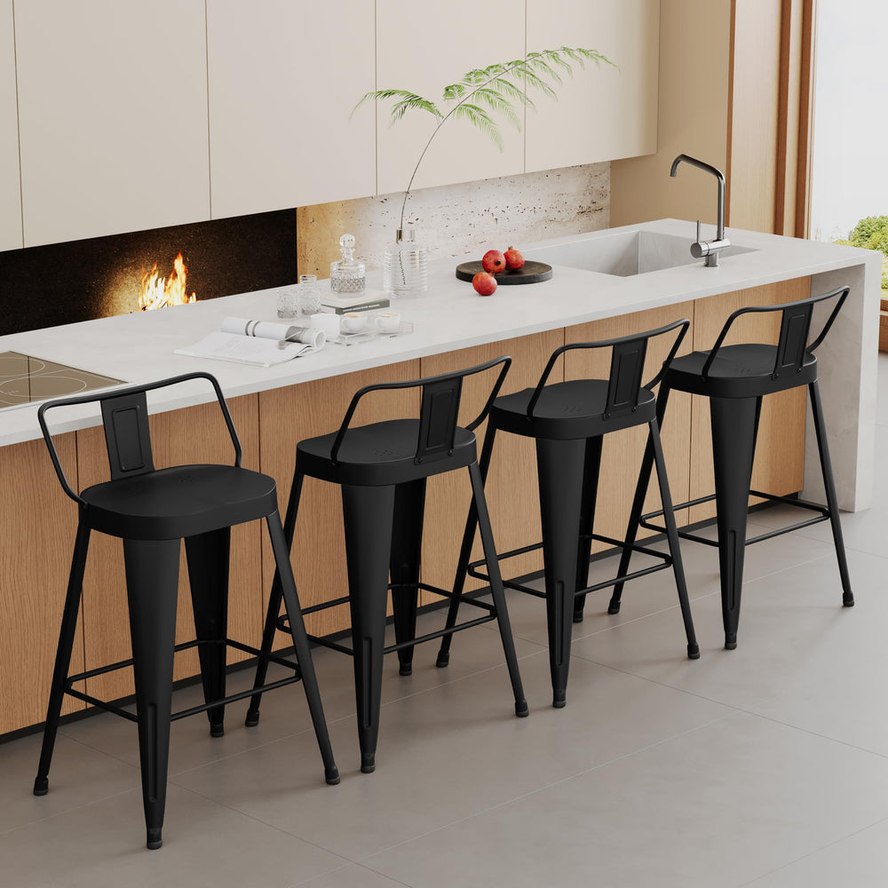 Metal Bar Stools Set of 4 with Back, Indoor Outdoor Counter Height, Matte Black