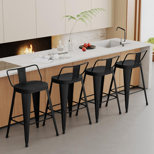 Metal Bar Stools Set of 4 with Back, Indoor Outdoor Counter Height, Matte Black