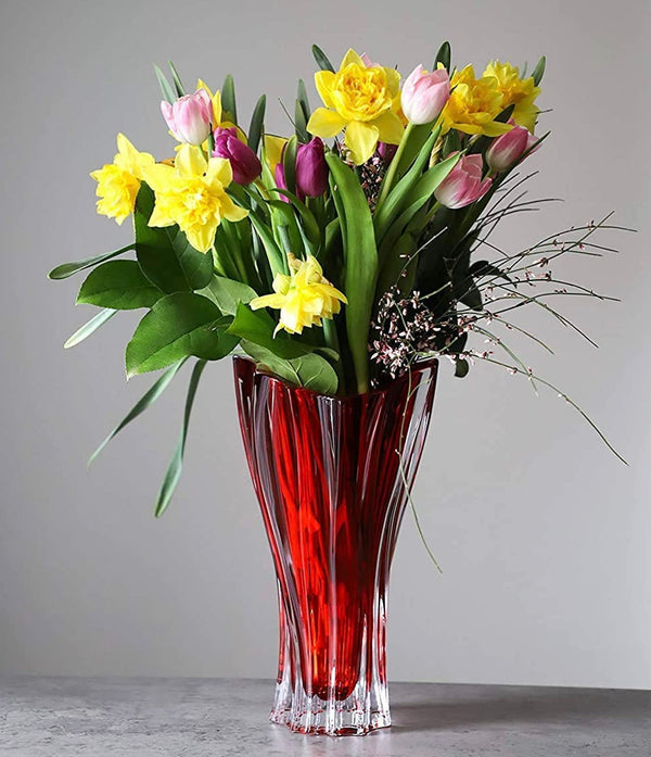 Bohemian Crystal Glass Trumpet Vase – 12" Red Lead-Free Centerpiece
