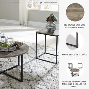 3-Piece Coffee & End Table Set – Round Top, Metal Frame, Wood Grain