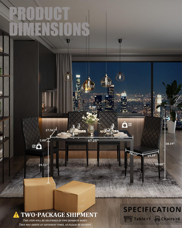 5-Piece Tempered Glass Dining Table Set with PU Leather Chairs