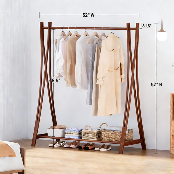 Freestanding Wood Clothes Rack with Storage Shelf – 52"W x 57"H