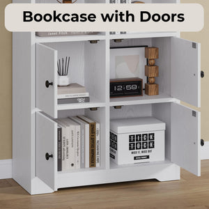 Tall Bookshelf with Doors & Storage – 74.6" White