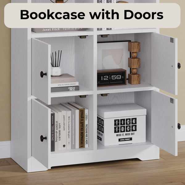 Tall Bookshelf with Doors & Storage – 74.6" White