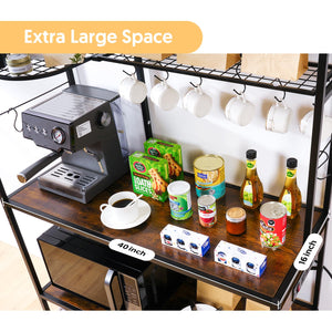 Large Bakers Rack for Kitchen, 40-inch Wide Coffee Bar Station with Power Outlet, 5 Tier Microwave Stand Storage Shelf with S-Shaped Hooks, Metal Frame with Brown Wood Tabletop