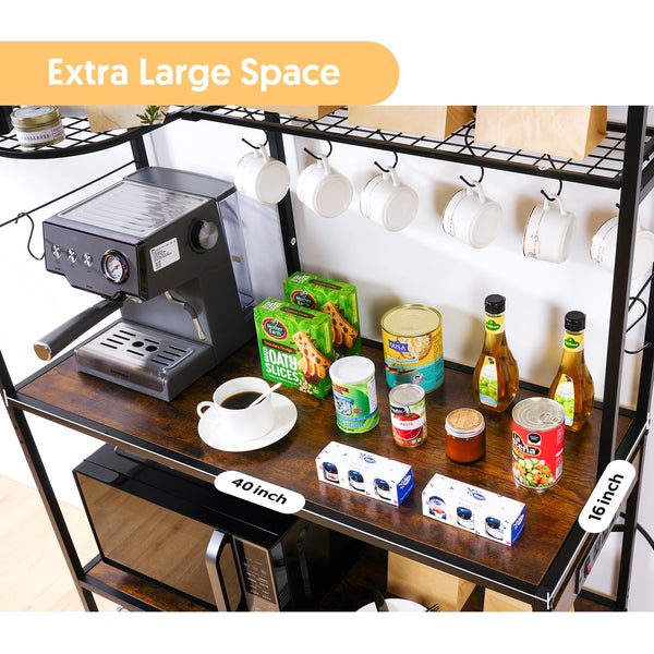 Large Bakers Rack for Kitchen, 40-inch Wide Coffee Bar Station with Power Outlet, 5 Tier Microwave Stand Storage Shelf with S-Shaped Hooks, Metal Frame with Brown Wood Tabletop
