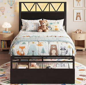 Twin XL Storage Bed Frame with LED Lights & Charging Station