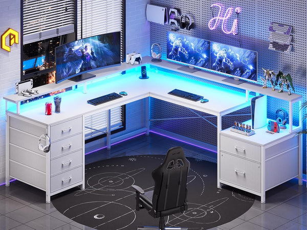 L-Shaped Desk with 6 Drawers, Monitor Shelf, Power Outlets & LED Lights
