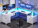 L-Shaped Desk with 6 Drawers, Monitor Shelf, Power Outlets & LED Lights