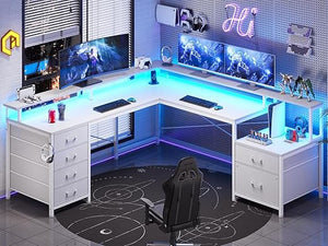 L-Shaped Desk with 6 Drawers, Monitor Shelf, Power Outlets & LED Lights