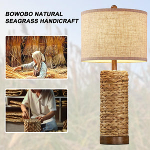 Natural Rattan Table Lamps Set of 2 with Linen Shade