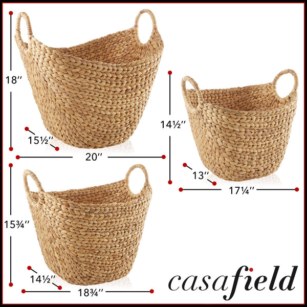 Set of 3 Woven Water Hyacinth Storage Baskets with Handles