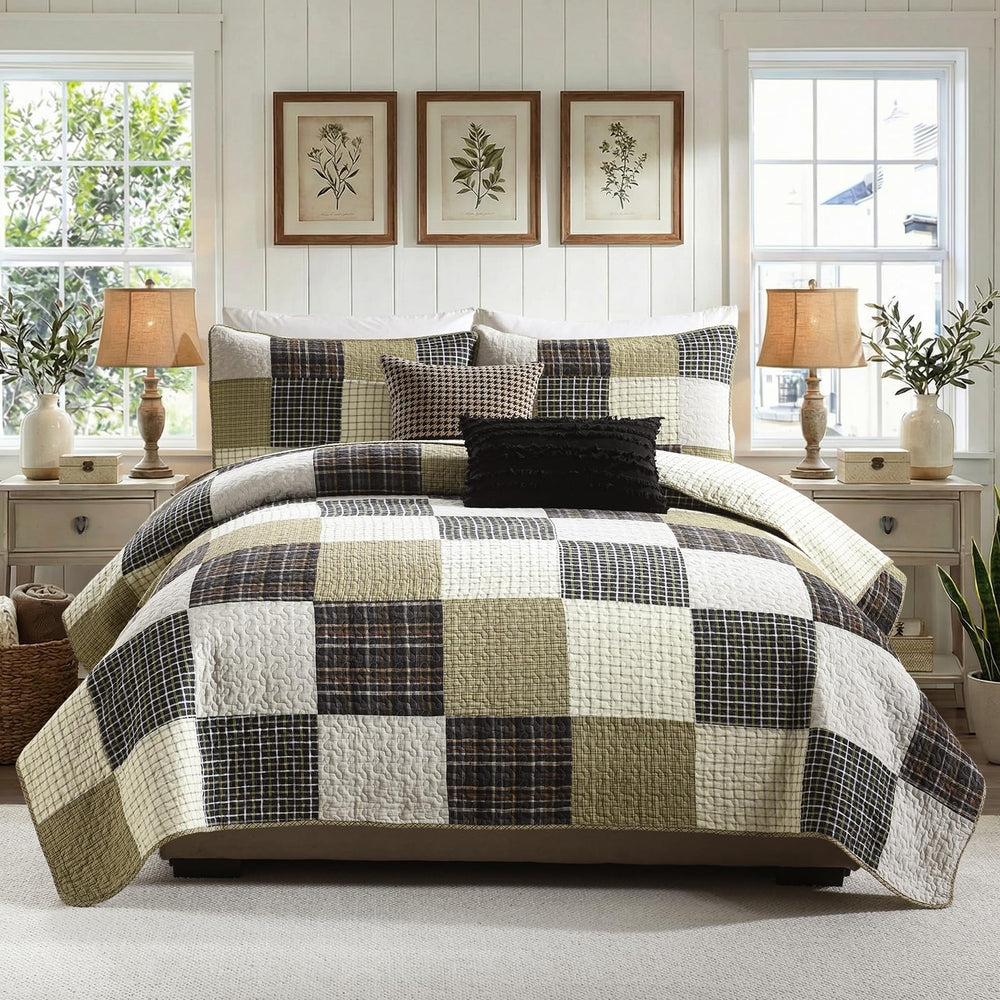 Cotton Quilt Set – Patchwork Plaid Bedding | Queen & King | 5 Pieces