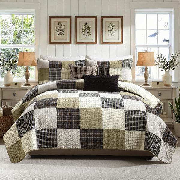 Cotton Quilt Set – Patchwork Plaid Bedding | Queen & King | 5 Pieces