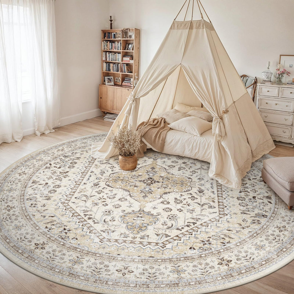 Puino 9FT Round Area Rugs for Living Room: Circle Rugs Machine Washable Oriental Low Pile Soft Non Slip Backing Vintage Indoor Rug for Bedroom Nursery Dining Room Home Office Beige/Gray