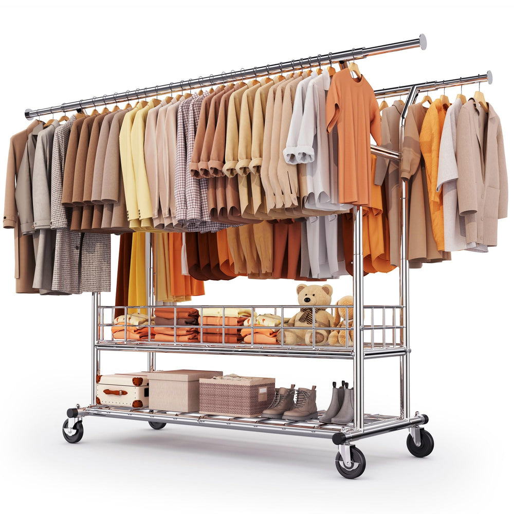 Rolling Garment Rack with Metal Basket & Dual Rod