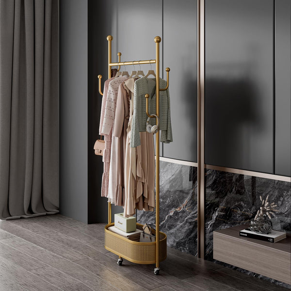 Gold Metal Garment Rack with Storage Basket