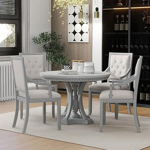 5-Piece Extendable Round Dining Table Set with 4 Upholstered Chairs