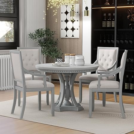 5-Piece Extendable Round Dining Table Set with 4 Upholstered Chairs