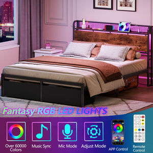 Queen Bed Frame with Storage Headboard, LED Lights & 2 Drawers