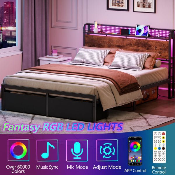 Queen Bed Frame with Storage Headboard, LED Lights & 2 Drawers