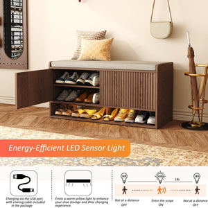 Fluted Shoe Storage Bench with LED Sensor Light