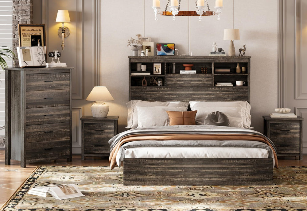 Queen Size Bedroom Set with Dresser & 2 Nightstands – Platform Bed with USB Charging & Storage Headboard