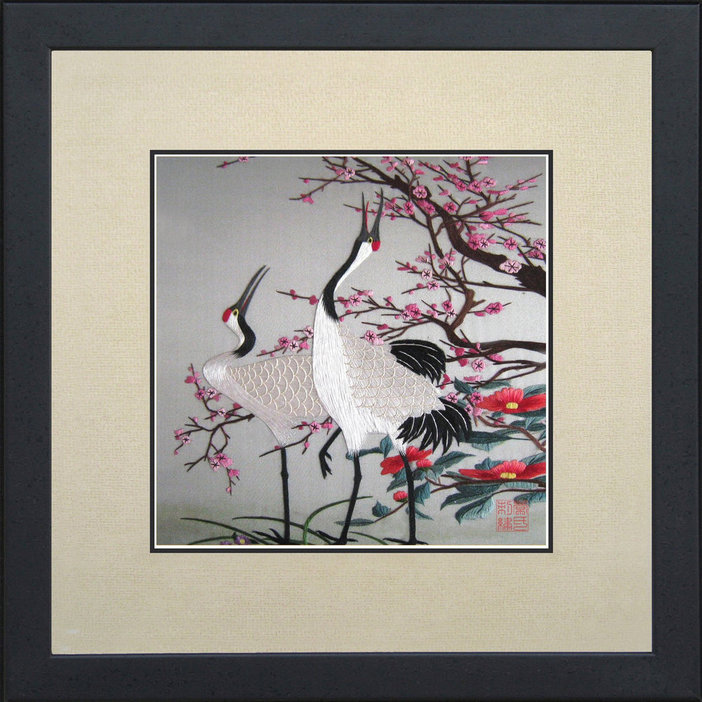 Handmade Silk Embroidery Framed Wall Art – Red Crowned Cranes & Cherry Blossoms