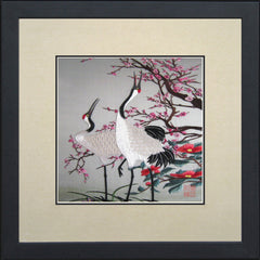 Handmade Silk Embroidery Framed Wall Art – Red Crowned Cranes & Cherry Blossoms