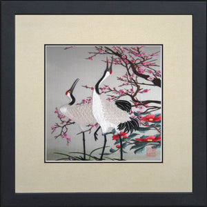 Handmade Silk Embroidery Framed Wall Art – Red Crowned Cranes & Cherry Blossoms