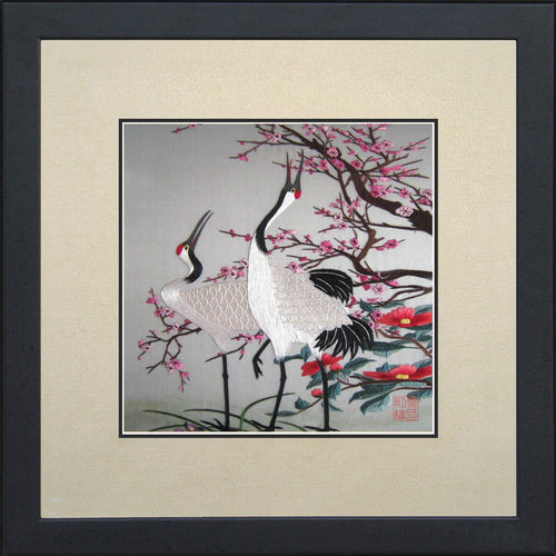 Handmade Silk Embroidery Framed Wall Art – Red Crowned Cranes & Cherry Blossoms