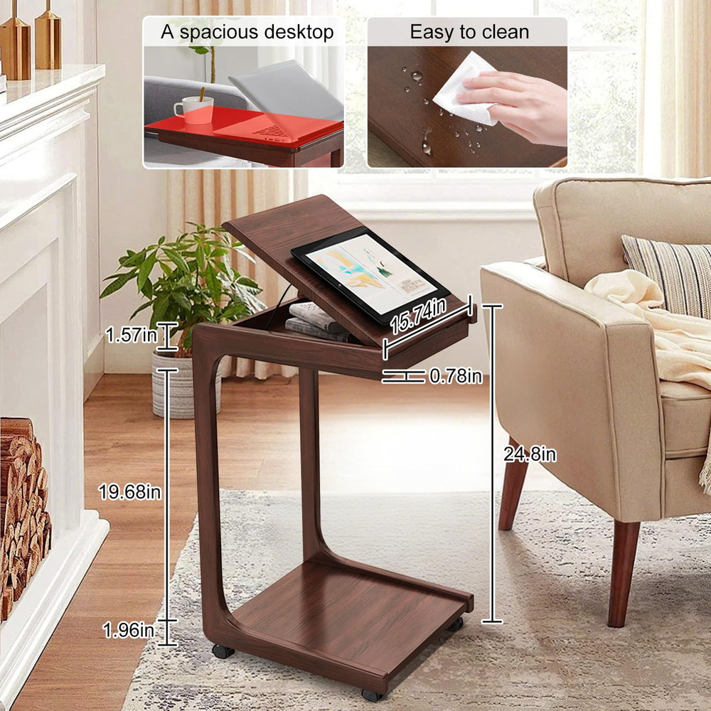 C-Shaped Rolling End Table with Adjustable Desktop