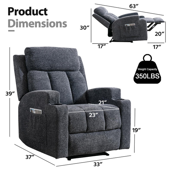 Manual Recliner Chair with Massage, Heat & Cup Holders
