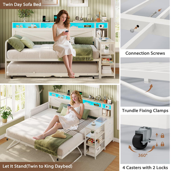 Twin Daybed with Pop-Up Trundle, Storage Drawers & LED Lights