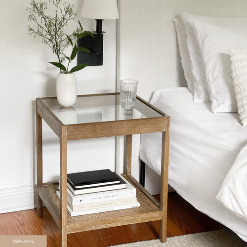 Glass Top End Table with Rattan Shelf & Wood Frame