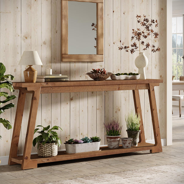63-Inch Solid Wood Console Table with 2-Tier Storage