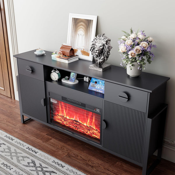 Fireplace TV Stand with Power Outlet & Storage Drawers