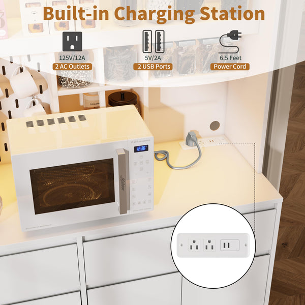 71" Tall Kitchen Pantry Cabinet with LED Light & Charging Station