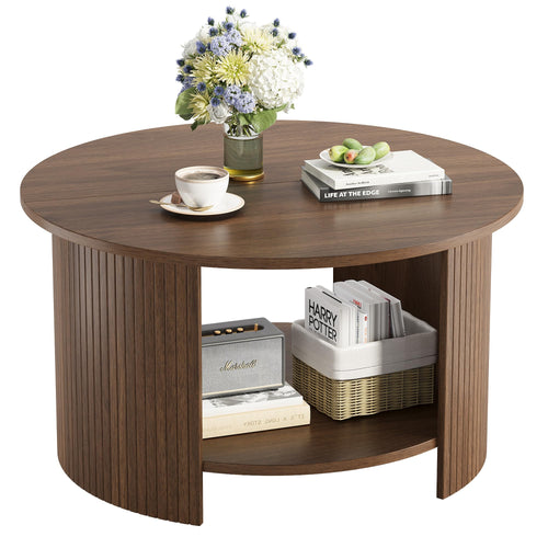 Round Coffee Table with Storage – Fluted 2-Tier Wood Design