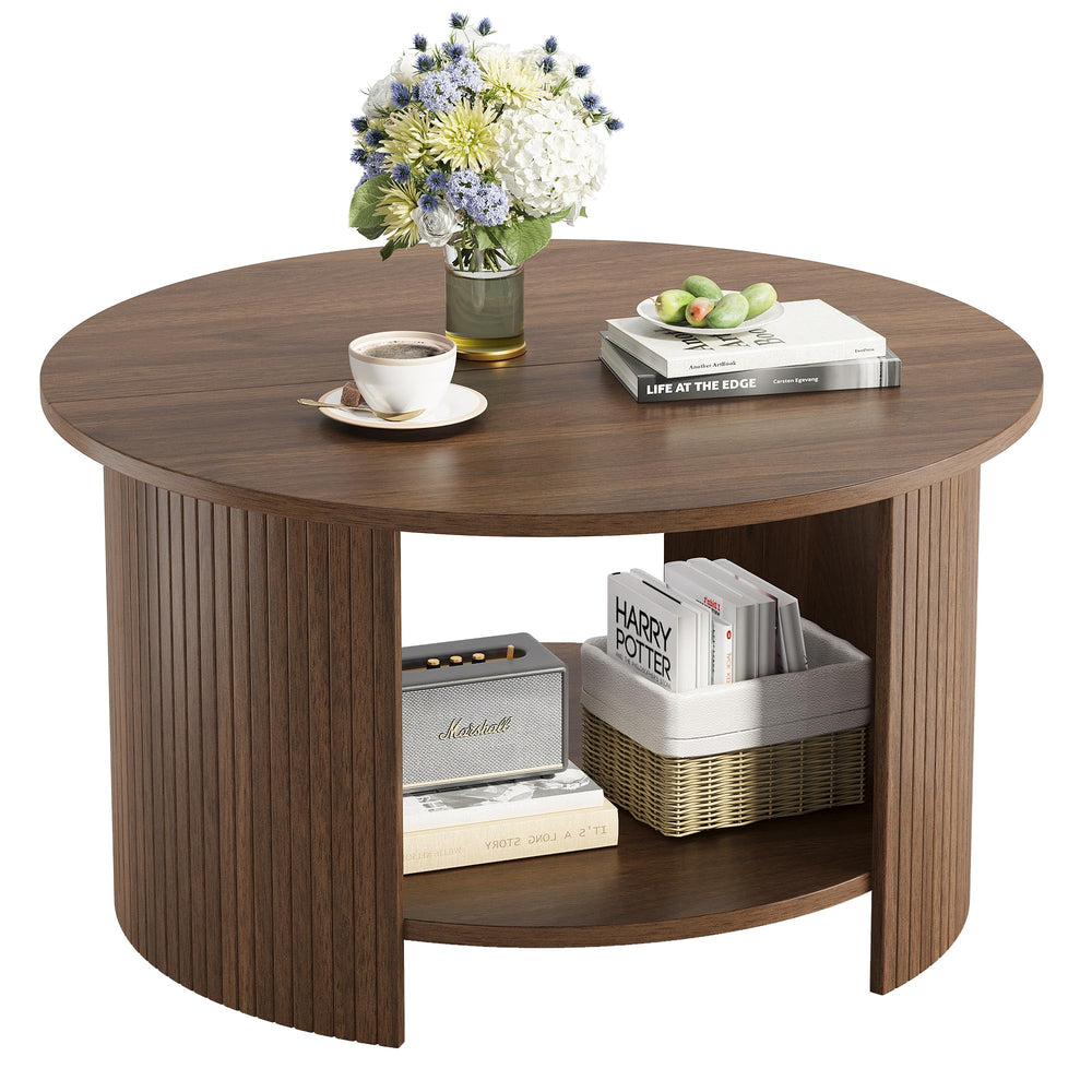 Round Coffee Table with Storage Shelf & Fluted Design
