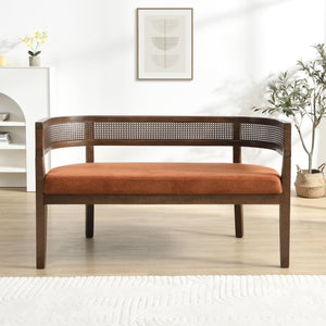 Fabric Upholstered Loveseat with Rattan Backrest & Rubberwood Frame