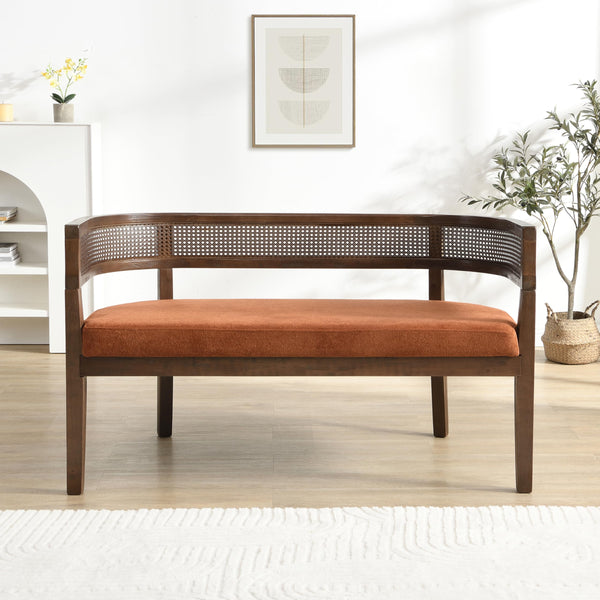 Fabric Upholstered Loveseat with Rattan Backrest & Rubberwood Frame