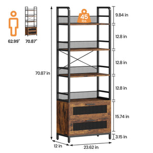 Industrial Bookshelf with Drawers & 4-Tier Open Shelves