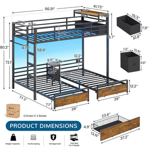 Triple Bunk Bed Twin Over Twin with LED Lights & Storage