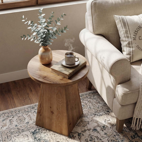 Round Solid Wood End Table with Trapezoid Base
