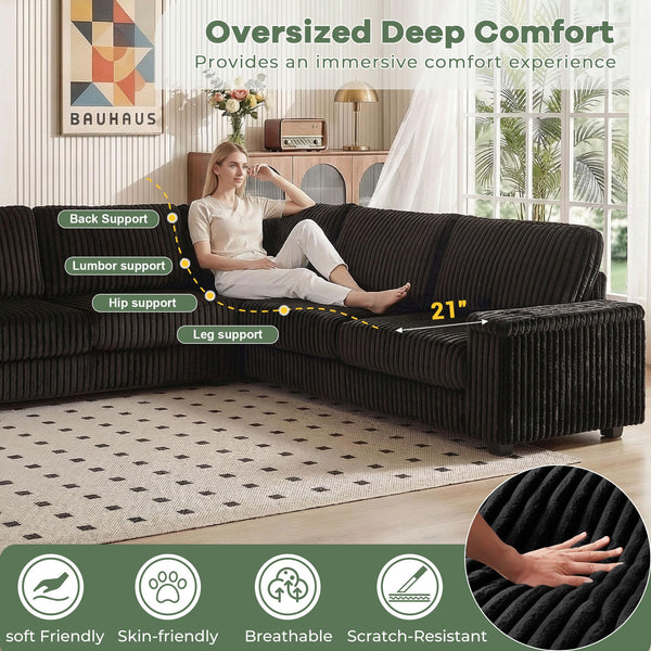 L-Shaped Corduroy Sectional Sofa with USB Charging & Storage