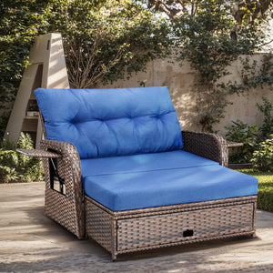 Outdoor Wicker Recliner Daybed Loveseat with Stowable Side Trays
